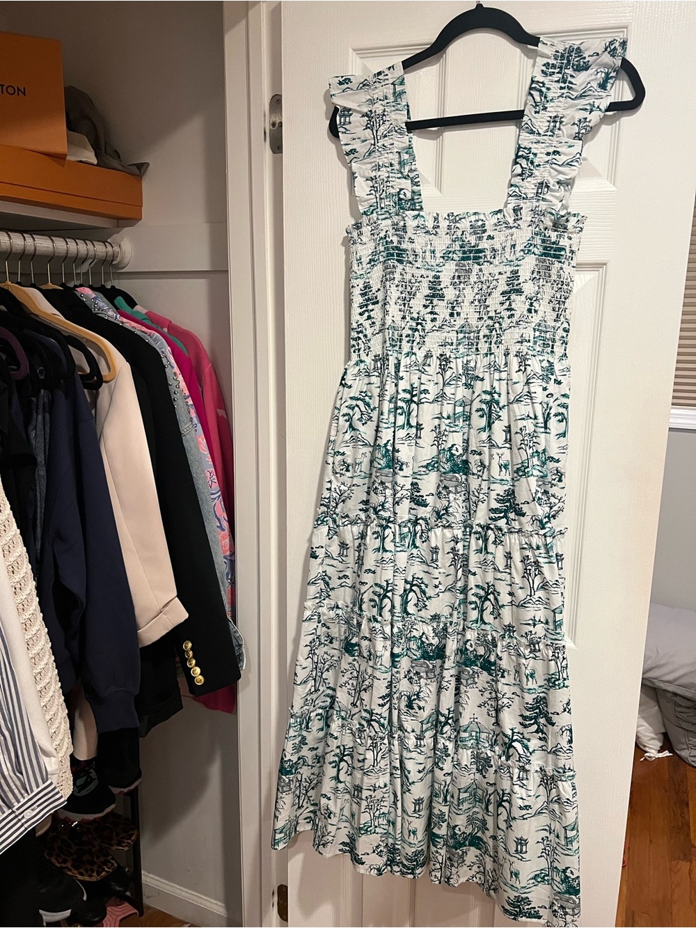 Aqua White Maxi Dress with Green Scenic Print